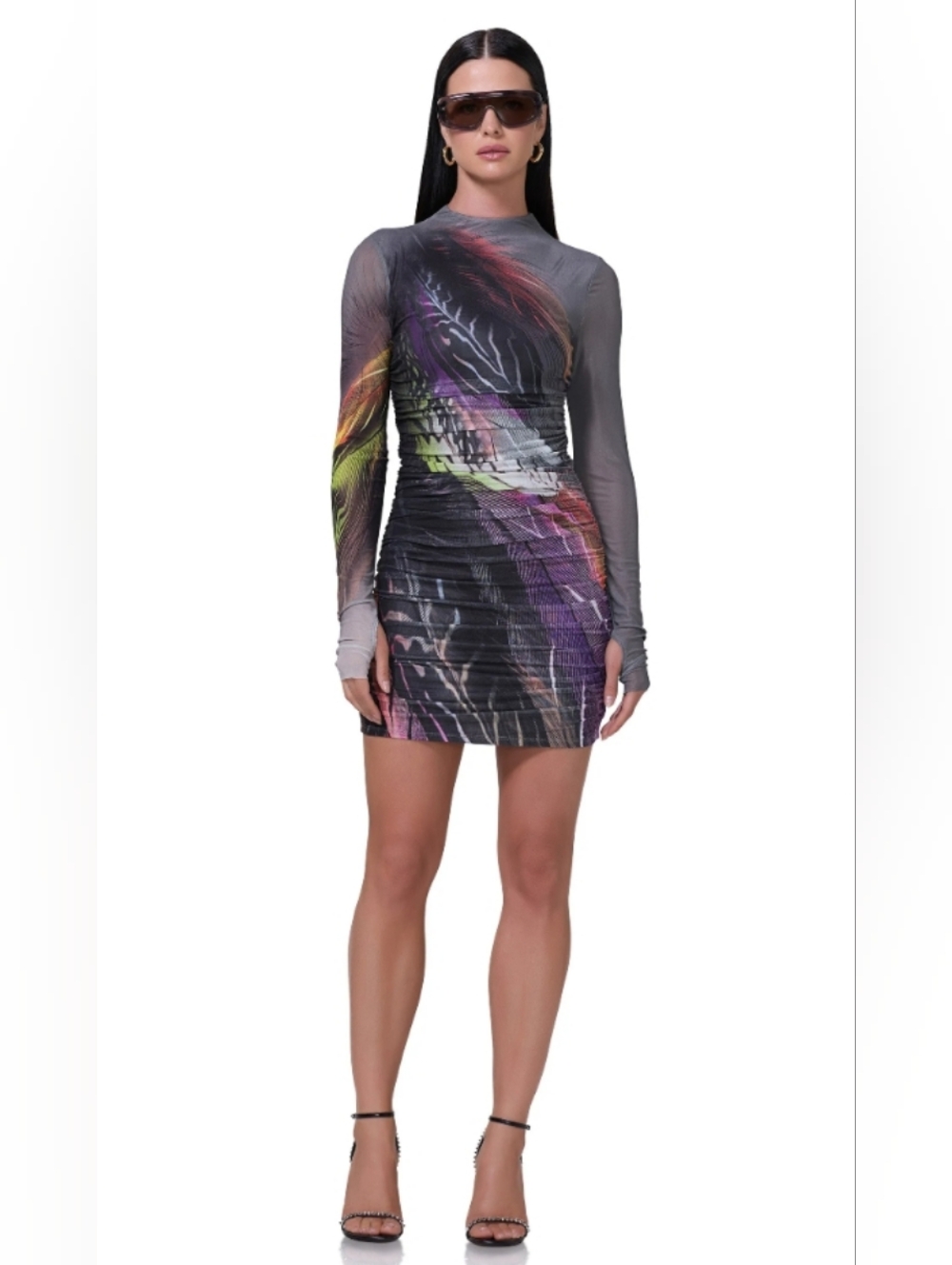 AFRM Black Long-Sleeve Ruched Bodycon Dress with Abstract Multicolor Print,XS